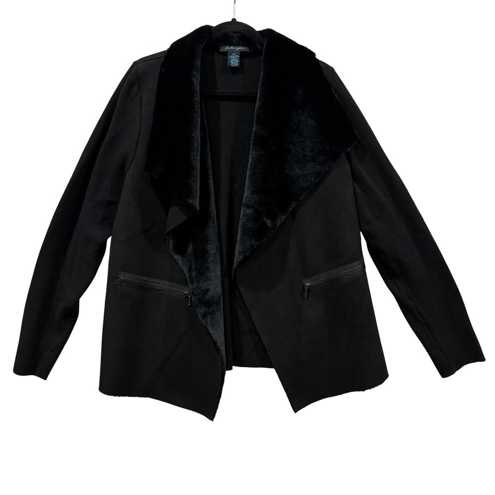 Faith and Zoe Black Faux Fur Collar Waterfall Drape Jacket XXL‎